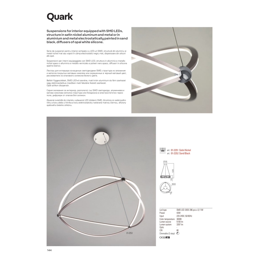 Redo 01-2251 - Himmennettävä LED-kattokruunu johdossa QUARK LED/43W/230V 3000K halkaisija 60 cm mattakromi
