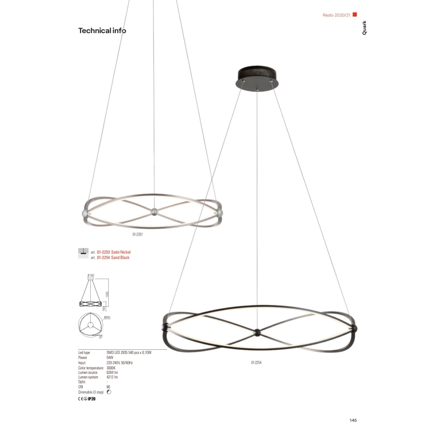 Redo 01-2251 - Himmennettävä LED-kattokruunu johdossa QUARK LED/43W/230V 3000K halkaisija 60 cm mattakromi