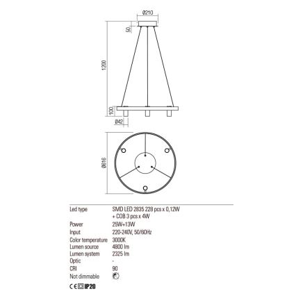 Redo 01-2490 - LED-kattokruunu johdossa SUMMIT LED/38W/230V CRI 90 halkaisija 61,6 cm kulta