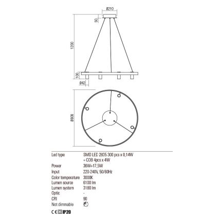 Redo 01-2492 - LED-kattokruunu johdossa SUMMIT LED/53,5W/230V CRI 90 halkaisija 80,8 cm kulta
