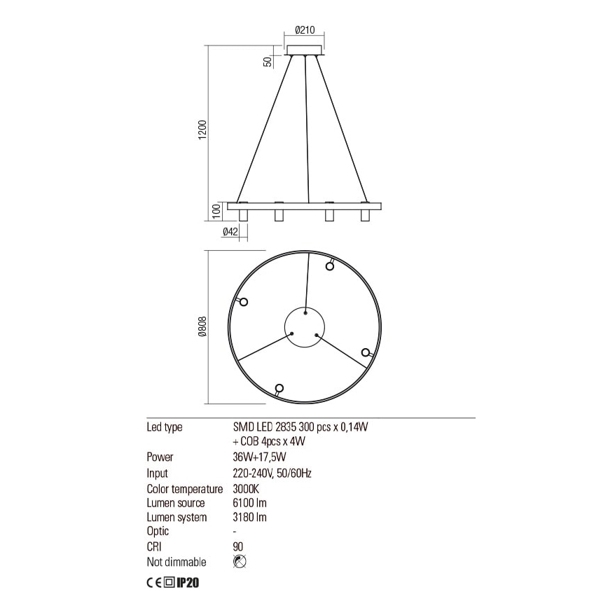 Redo 01-2492 - LED-kattokruunu johdossa SUMMIT LED/53,5W/230V CRI 90 halkaisija 80,8 cm kulta