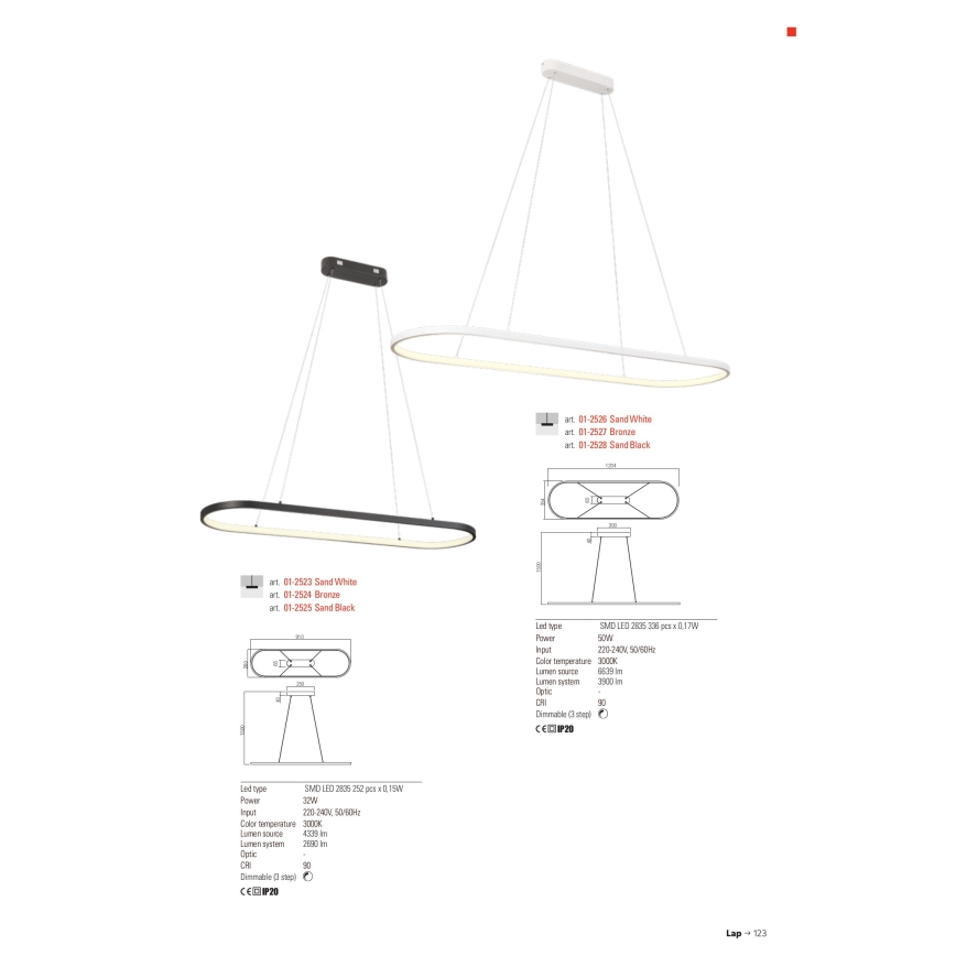 Redo 01-2523 - Himmennettävä LED-kattokruunu johdossa LAP LED/32W/230V CRI 90 valkoinen