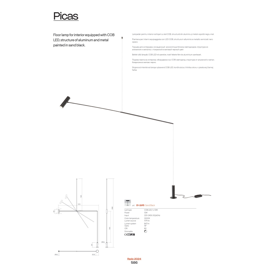 Redo 01-2695 - Himmennettävä LED-lattiavalaisin PICAS LED/12W/230V musta