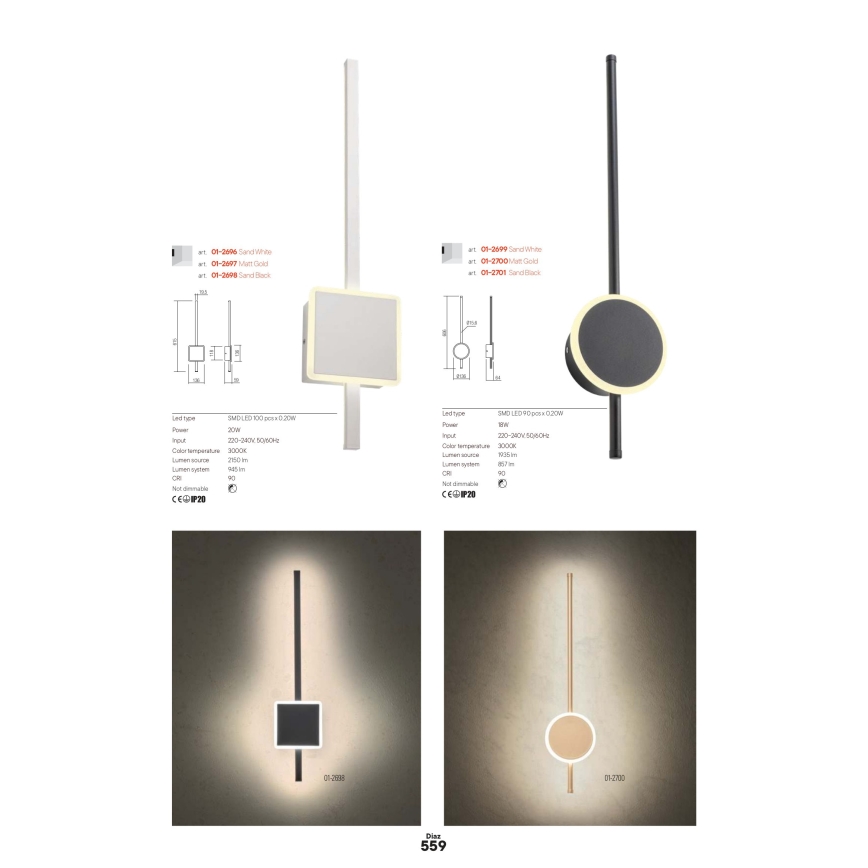 Redo 01-2696 - LED-seinävalaisin DIAZ 20W/230V CRI 90, valkoinen