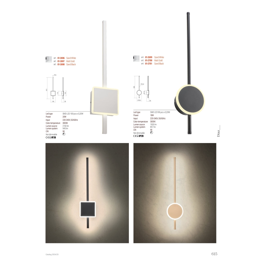 Redo 01-2699 - LED-seinävalaisin DIAZ LED/18W/230V CRI 90 valkoinen
