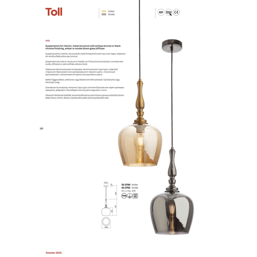 Redo 01-2740 - Kattokruunu johdossa TOLL 1xE27/42W/230V pronssi