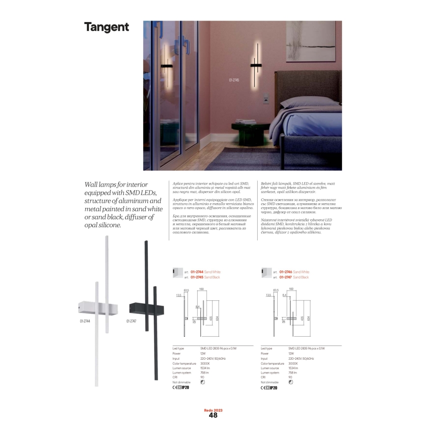 Redo 01-2746 - LED-seinävalaisin TANGENT LED/13W/230V CRI 90 valkoinen
