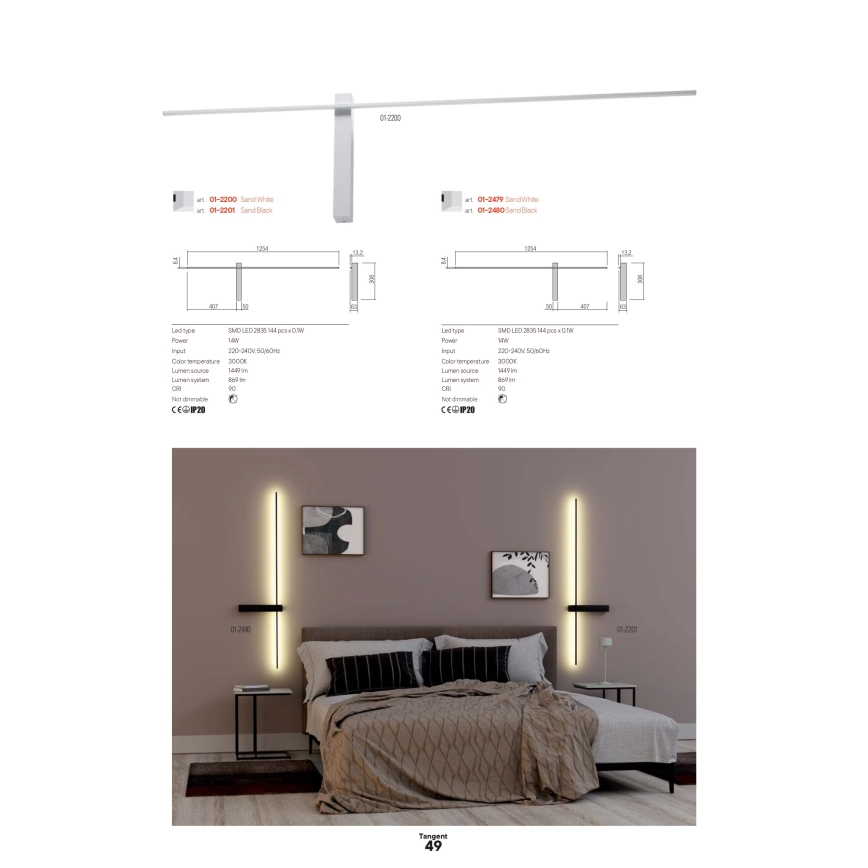 Redo 01-2747 - TANGENT LED seinävalaisin, 13W/230V, CRI 90, musta