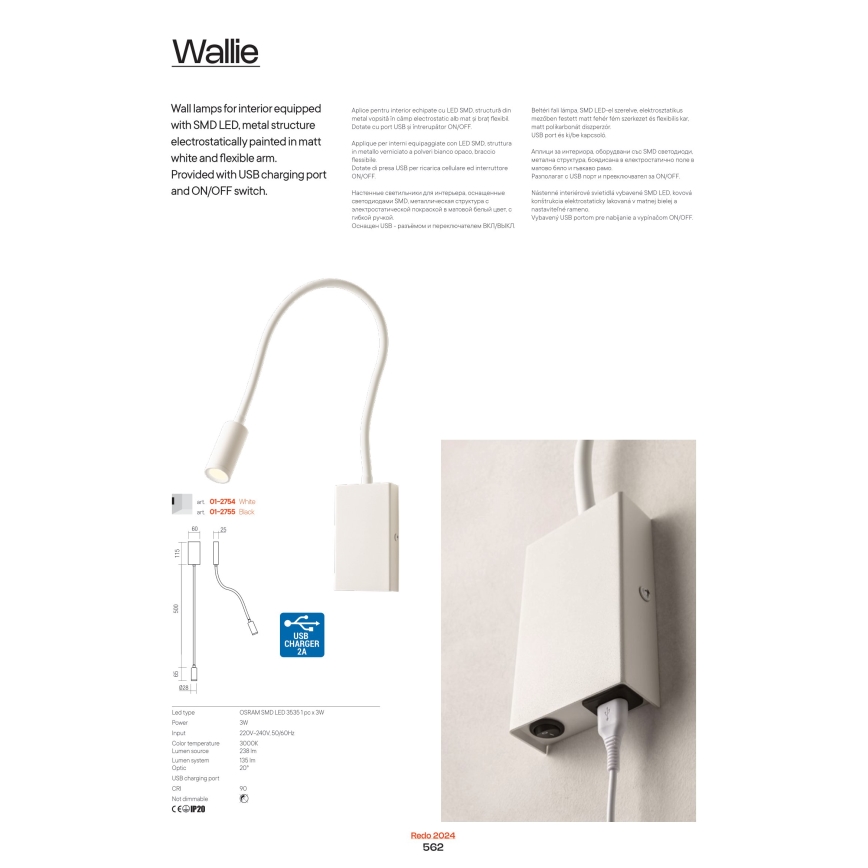 Redo 01-2755 - LED-seinävalaisin WALLIE LED/3W/230V USB CRI 90 musta