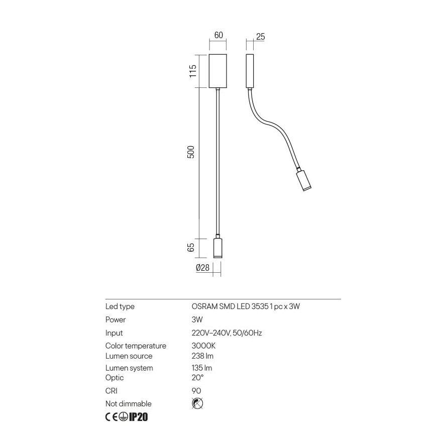 Redo 01-2755 - LED-seinävalaisin WALLIE LED/3W/230V USB CRI 90 musta