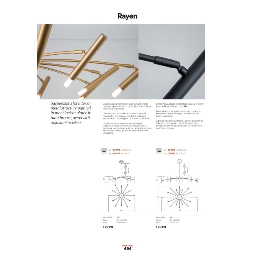 Redo 01-2774 - Riippukattokruunu RAYEN 12xG9/10W/230V pronssi