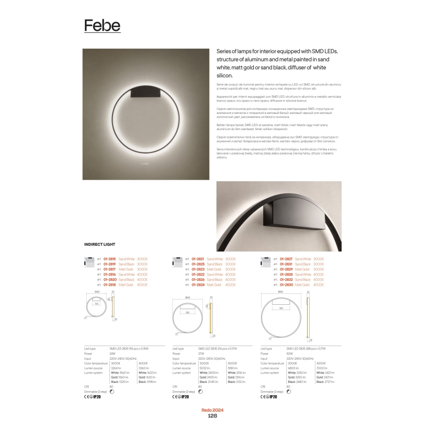Redo 01-2837 - Himmennettävä LED-seinävalaisin FEBE LED/24W/230V musta