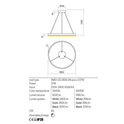 Redo 01-2867 - Himmennettävä LED-kattokruunu johdossa FEBE LED/37W/230V musta