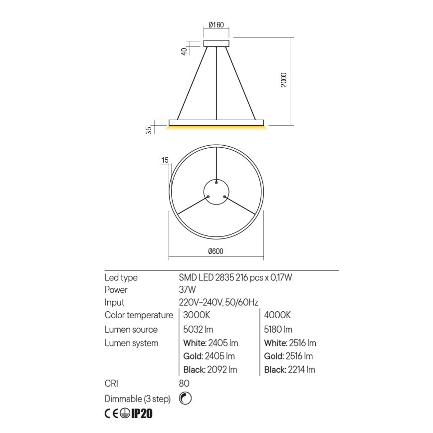 Redo 01-2867 - Himmennettävä LED-kattokruunu johdossa FEBE LED/37W/230V musta