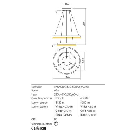 Redo 01-2889 - Himmennettävä LED-kattokruunu johdossa FEBE LED/62W/230V kulta