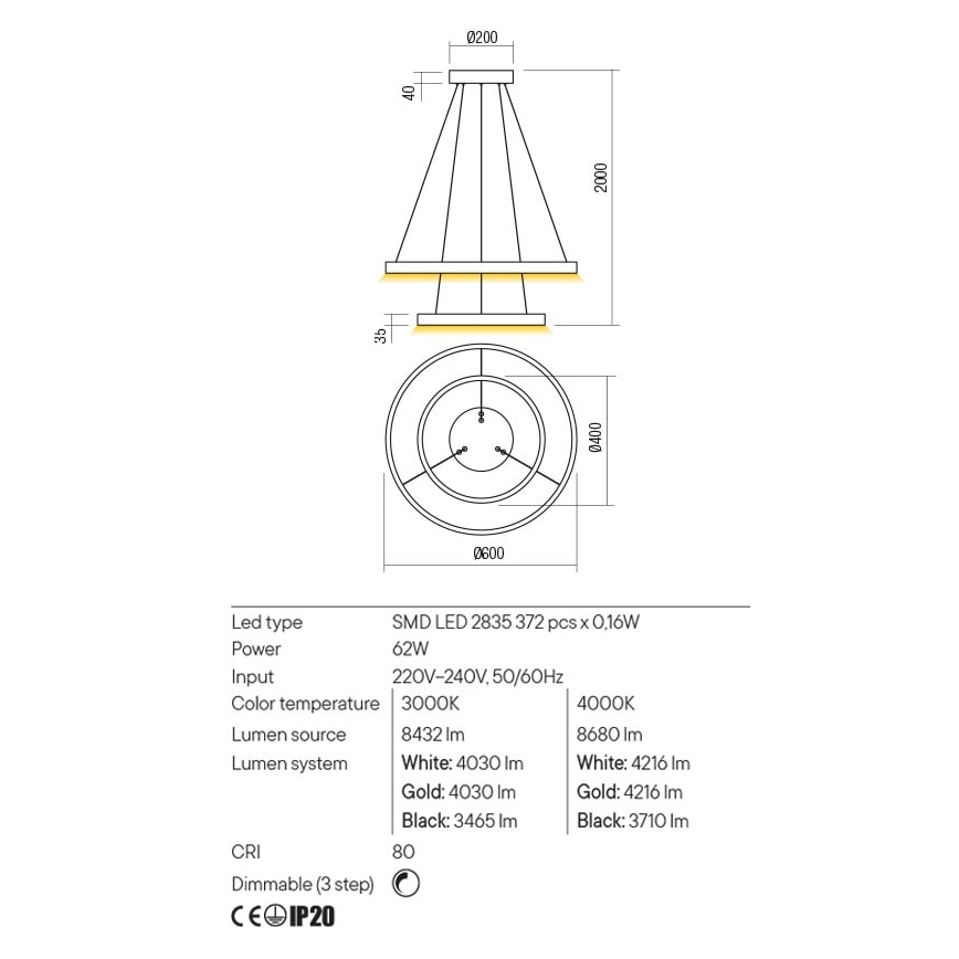 Redo 01-2889 - Himmennettävä LED-kattokruunu johdossa FEBE LED/62W/230V kulta