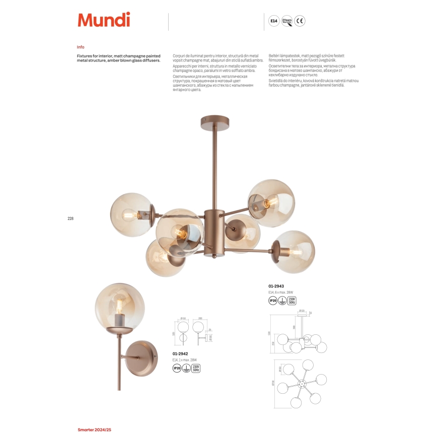 Redo 01-2942 - Seinävalaisin MUNDI 1xE14/28W/230V kupari