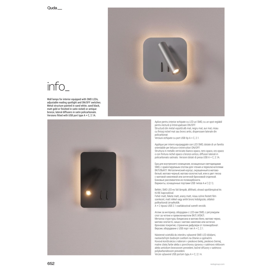 Redo 01-2977 - LED-seinävalaisin QUDA LED/6W/230V + LED/3W 3000K CRI 90 USB kultainen