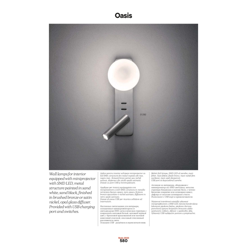 Redo 01-2992 - LED-seinävalaisin OASIS LED/3W/230V + 1xG9/10W USB CRI 90 pronssinvärinen