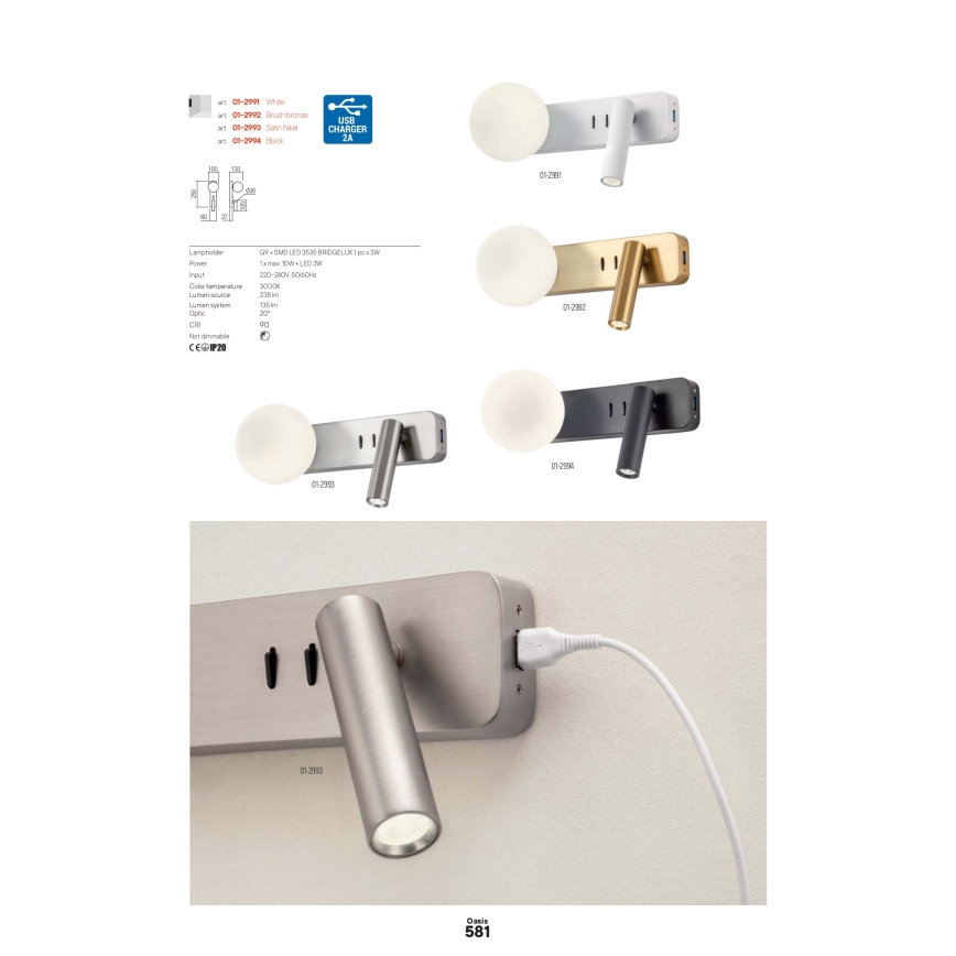 Redo 01-2992 - LED-seinävalaisin OASIS LED/3W/230V + 1xG9/10W USB CRI 90 pronssinvärinen