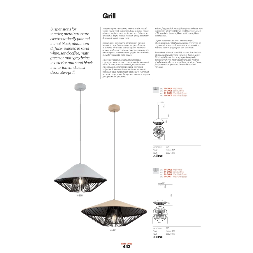 Redo 01-3009 - GRILL-riippuvalaisin vaijerilla 1xE27/42W/230V Ø 49,5 cm musta/ruskea