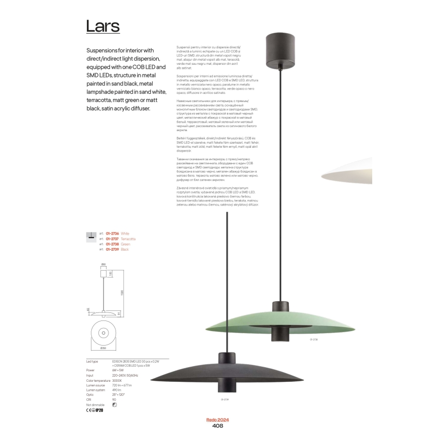 Redo 01-3021 - LARS LED-riippuvalaisin vaijerilla LED/14W/230V + LED/10W, halkaisija 60 cm, CRI 90, musta