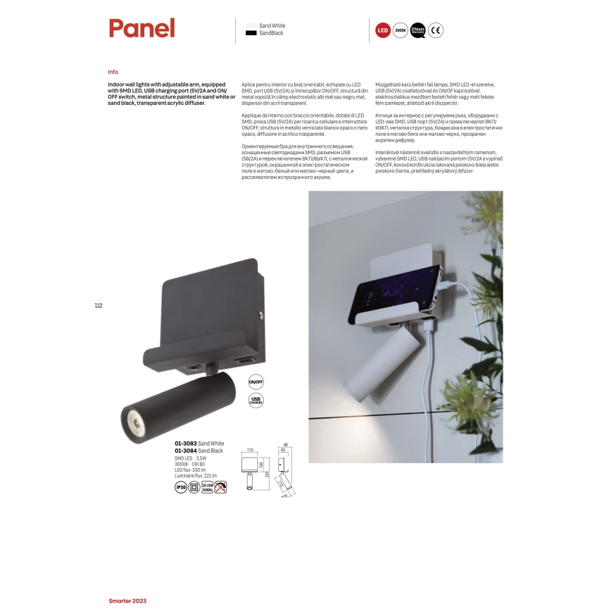 Redo 01-3084 - LED-seinävalaisin PANEL LED/3,5W/230V USB musta