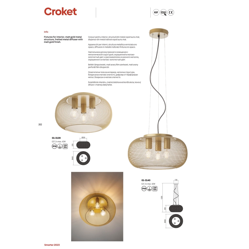 Redo 01-3139 - Kattovalo CROKET 3xE27/42W/230V halkaisija 40 cm kulta
