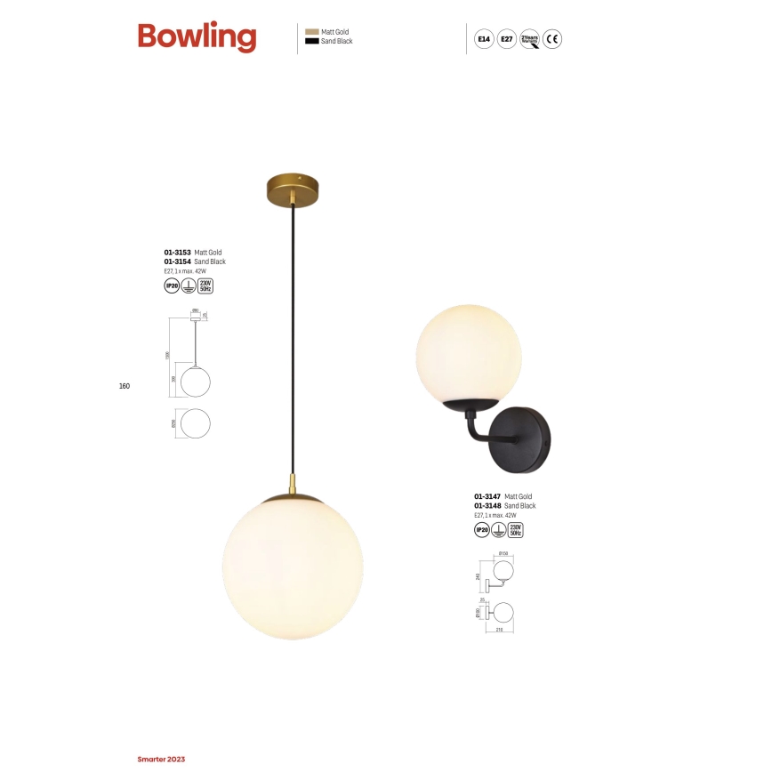 Redo 01-3148 - Seinävalaisin BOWLING 1xE27/42W/230V musta