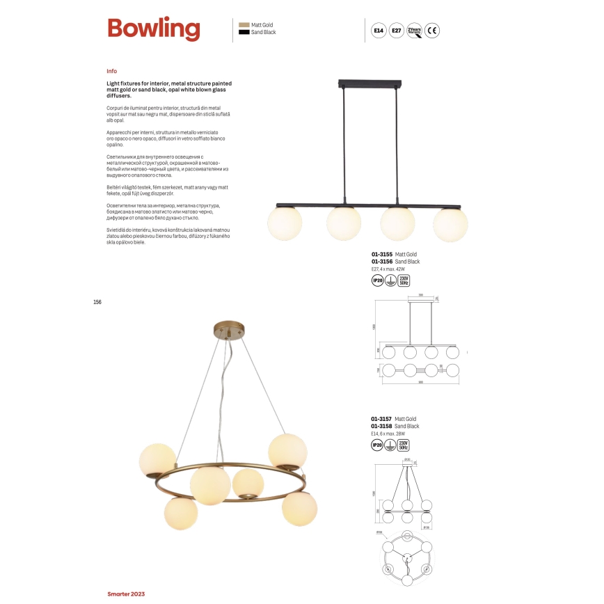 Redo 01-3156 - Kattokruunu johdossa BOWLING 4xE27/42W/230V musta