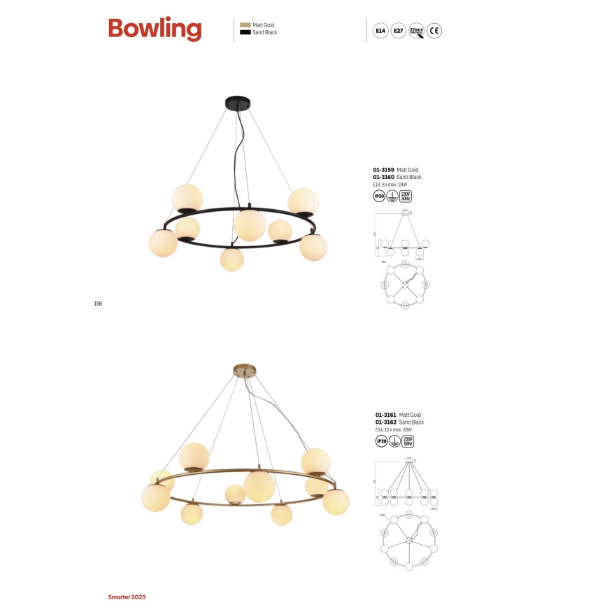 Redo 01-3158 - Kattokruunu johdossa BOWLING 6xE14/28W/230V musta