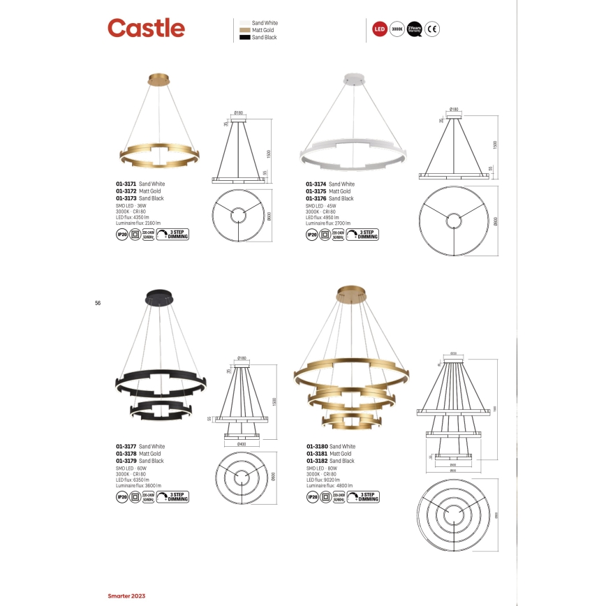 Redo 01-3175 - Himmennettävä LED-kattokruunu johdossa CASTLE LED/45W/230V kulta