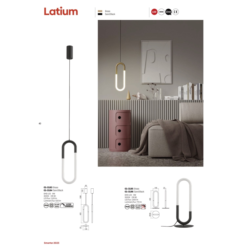 Redo 01-3184 - Himmennettävä LED-kattokruunu johdossa LATIUM LED/9W/230V musta