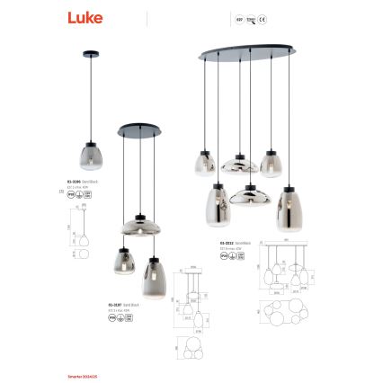 Redo 01-3197 - Kattokruunu johdossa LUKE 3xE27/42W/230V halkaisija 46 cm musta