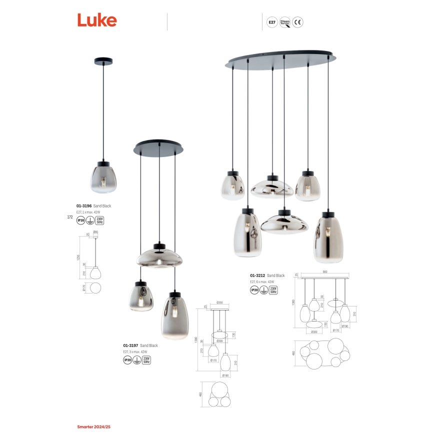 Redo 01-3197 - Kattokruunu johdossa LUKE 3xE27/42W/230V halkaisija 46 cm musta