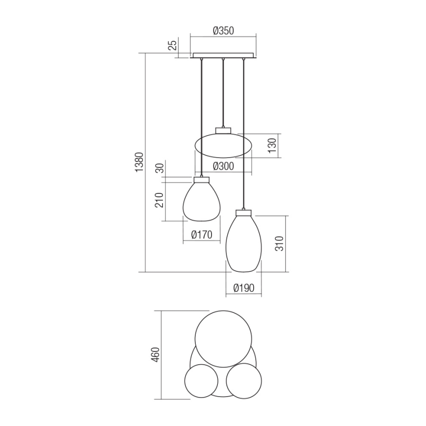Redo 01-3197 - Kattokruunu johdossa LUKE 3xE27/42W/230V halkaisija 46 cm musta