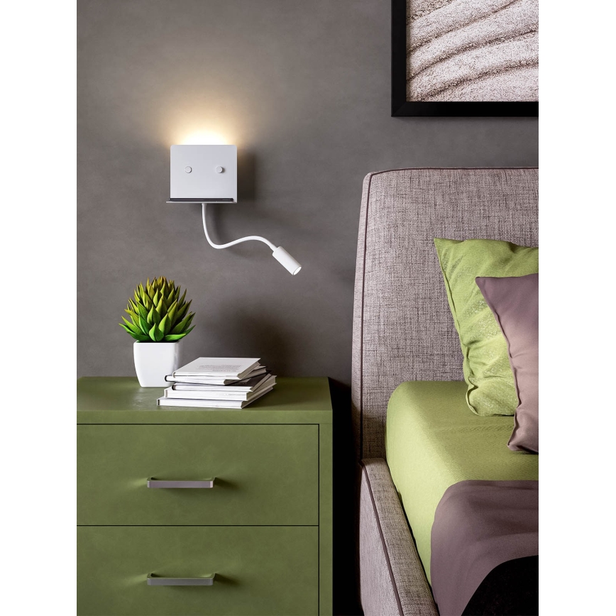 Redo 01-3210 - LED-seinävalaisin kanssa flexible pieni lamppu MOKA LED/6W + LED/3W/230V USB CRI90 valkoinen
