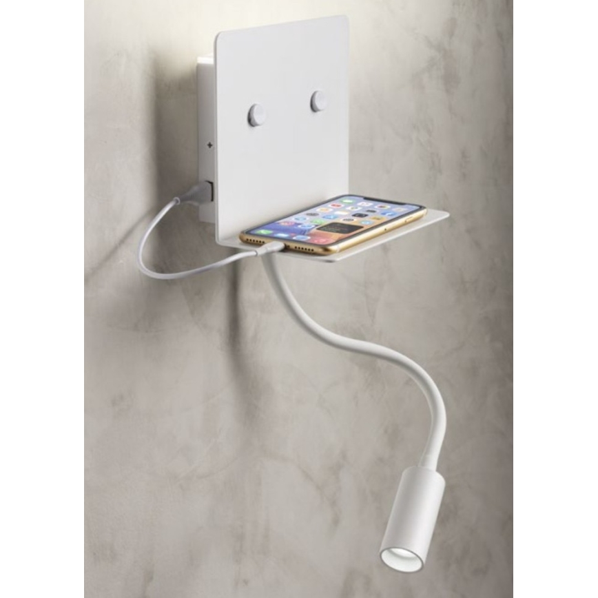 Redo 01-3210 - LED-seinävalaisin kanssa flexible pieni lamppu MOKA LED/6W + LED/3W/230V USB CRI90 valkoinen