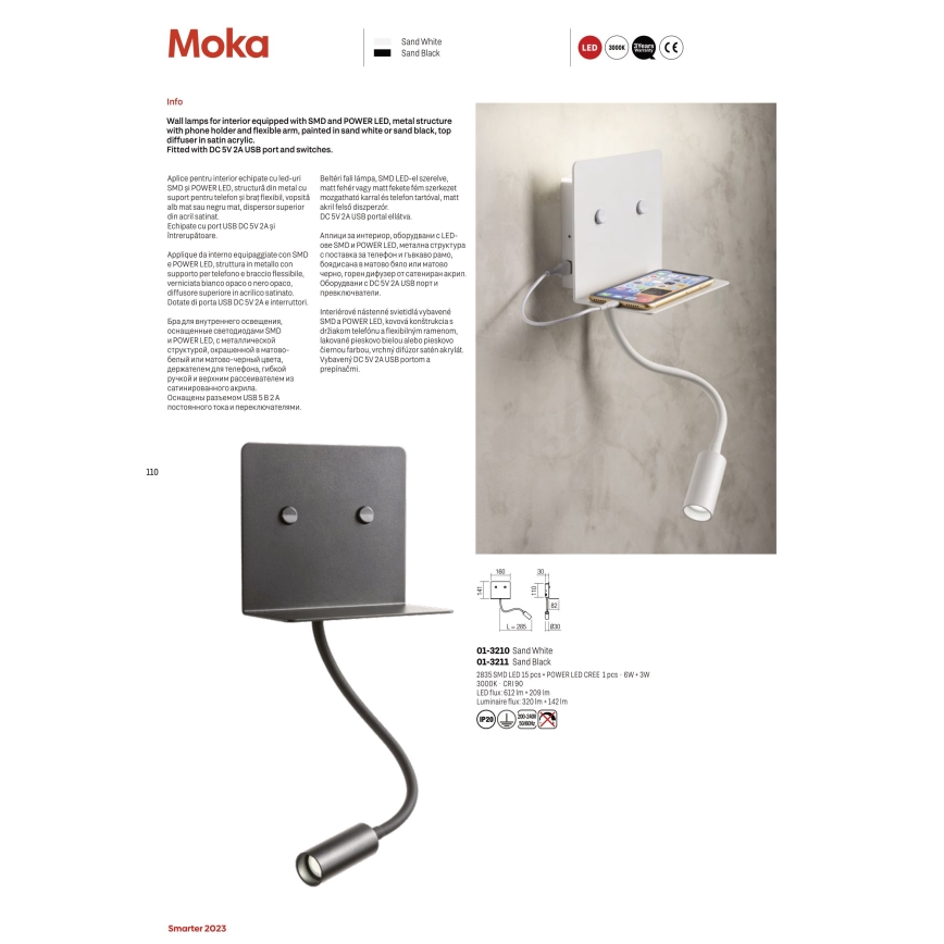 Redo 01-3211 - LED-seinävalaisin kanssa flexible pieni lamppu MOKA LED/6W + LED/3W/230V USB CRI90 musta