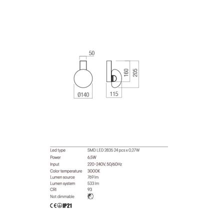 Redo 01-3239 - LED-seinävalaisin SINCLAIR LED/6,5W/230V CRI 93 IP21 kulta