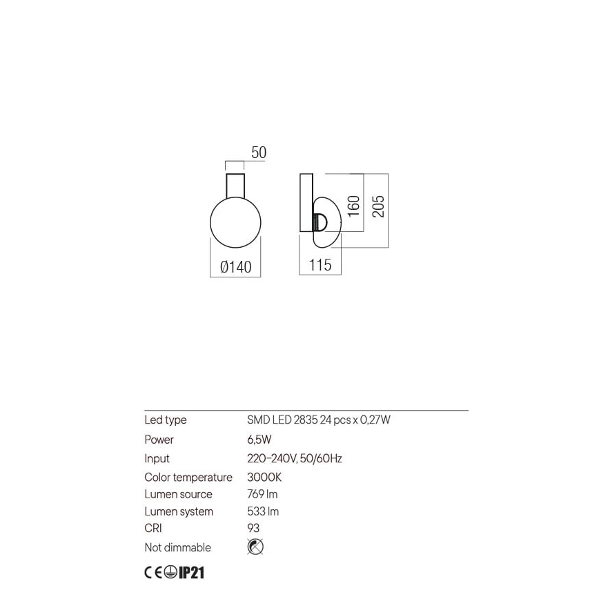 Redo 01-3239 - LED-seinävalaisin SINCLAIR LED/6,5W/230V CRI 93 IP21 kulta