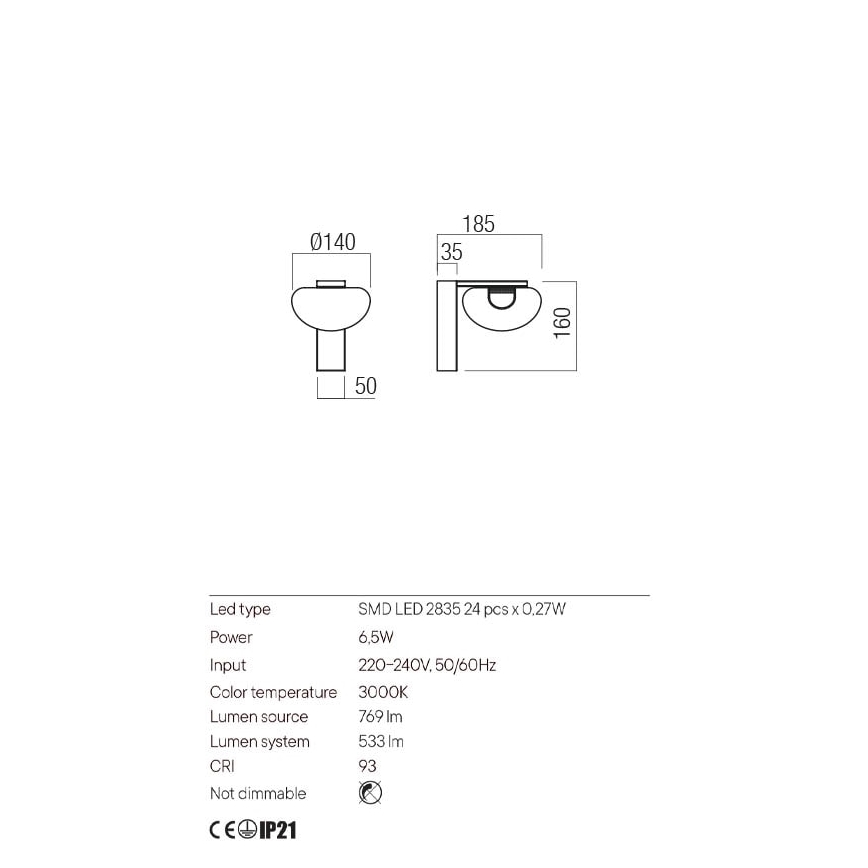 Redo 01-3242 - LED-seinävalaisin SINCLAIR LED/6,5W/230V CRI 93 IP21 musta