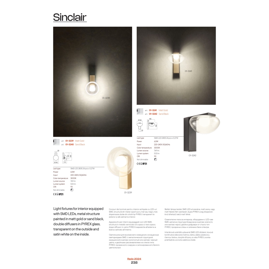 Redo 01-3247- Himmennettävä LED-kattokruunu johdossa SINCLAIR LED/37,2W/230V CRI 93 IP21 kulta