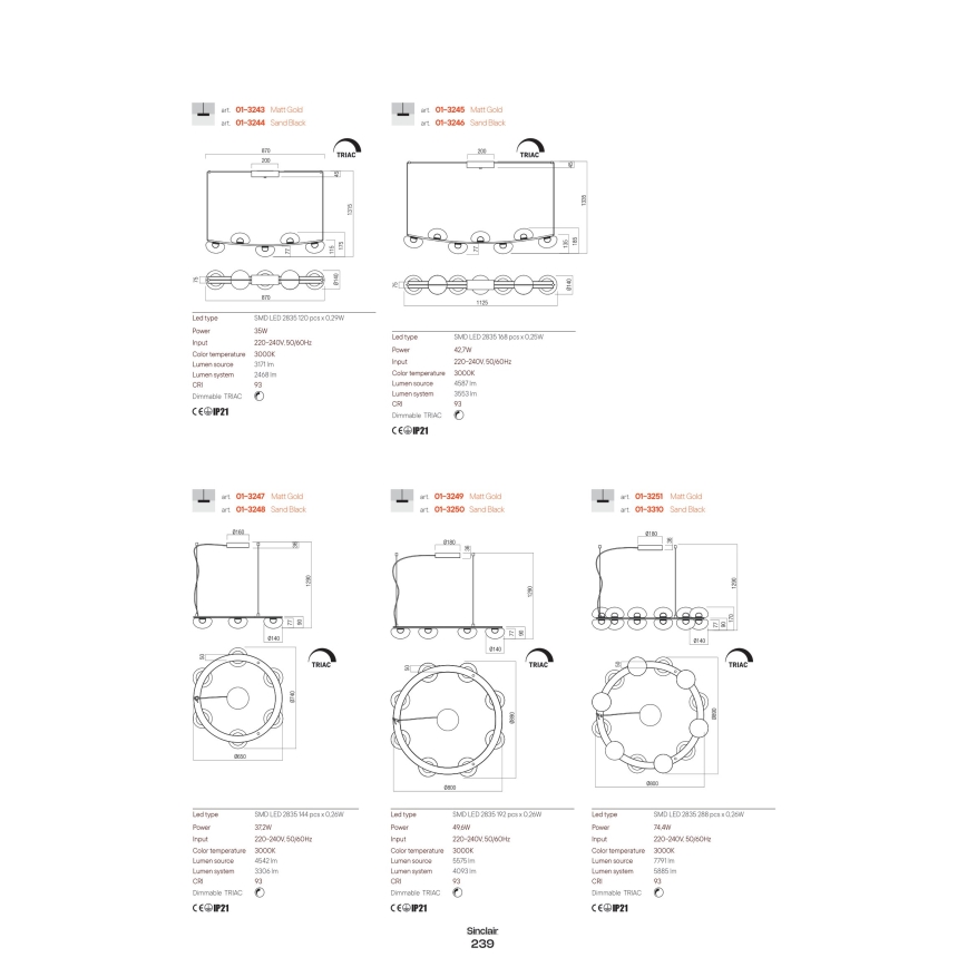 Redo 01-3247- Himmennettävä LED-kattokruunu johdossa SINCLAIR LED/37,2W/230V CRI 93 IP21 kulta