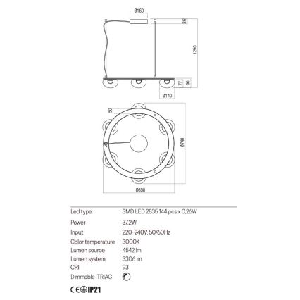 Redo 01-3247- Himmennettävä LED-kattokruunu johdossa SINCLAIR LED/37,2W/230V CRI 93 IP21 kulta