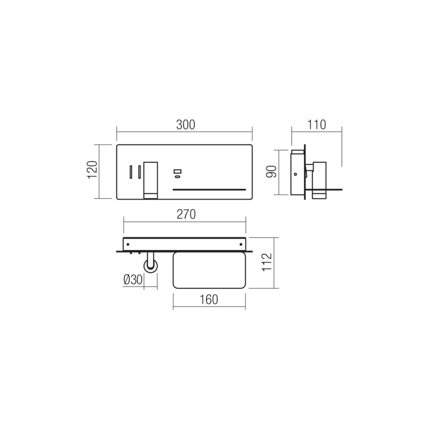 Redo 01-3316 - LED-seinävalaisin BROOK LED/8W/230V + LED/3W USB CRI 90 musta oikea