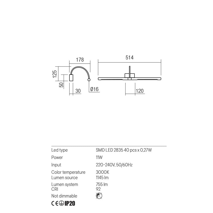 Redo 01-3466 - LED-kuvavalo KENDO LED/11W/230V 51,4 cm CRI 92 valkoinen