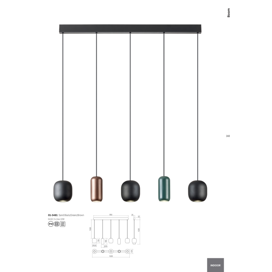 Redo 01-3481 - Kattokruunu johdossa BOOM 5xGU10/10W/230V musta/vihreä/ruskea