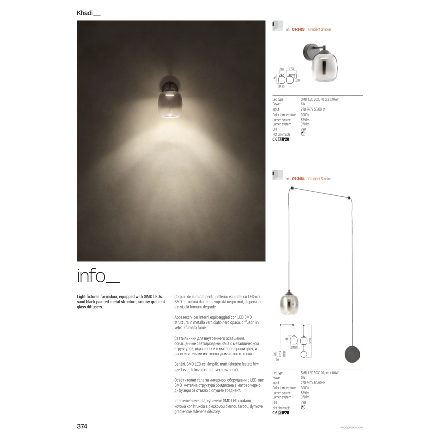 Redo 01-3483 - LED-seinävalaisin KHADI LED/6W/230V CRI 90 musta/savunharmaa