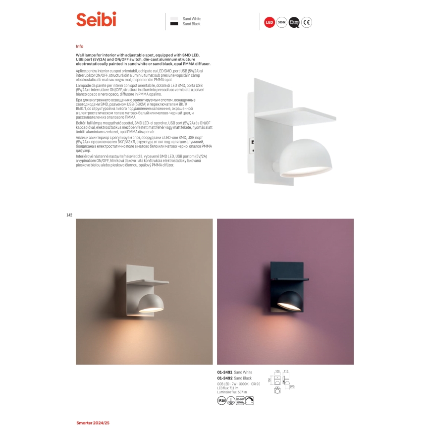Redo 01-3491 - LED-seinävalaisin SEIBI LED/7W/230V USB CRI 90 valkoinen